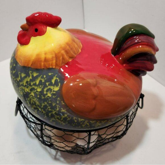 Ceramic Chicken Sitting on Black Metal Egg Basket with Eggs Farmhouse Decor - Picture 2 of 15